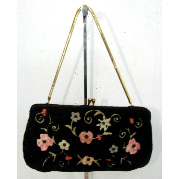 Dormar Purse Vintage Hand Made Belgium Black Beaded Embroidered Floral Kiss Lock - Picture 7 of 7
